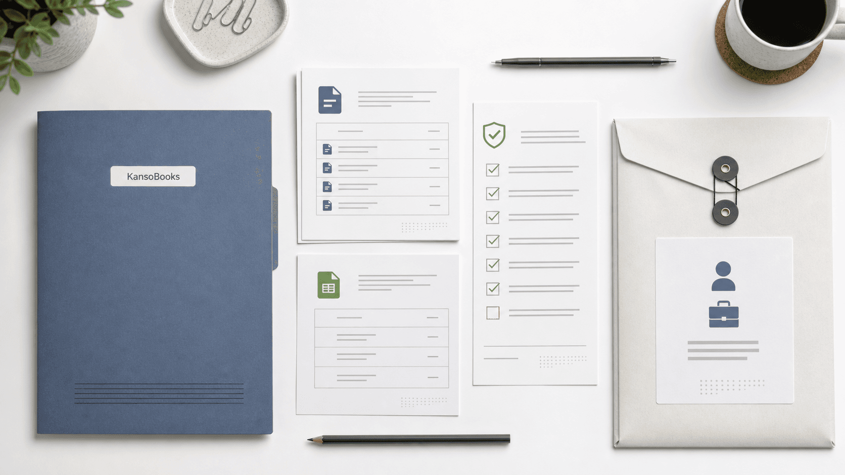 Local bookkeeping folder, evidence checklist, exported files, and accountant handoff packet arranged on a clean white desk.